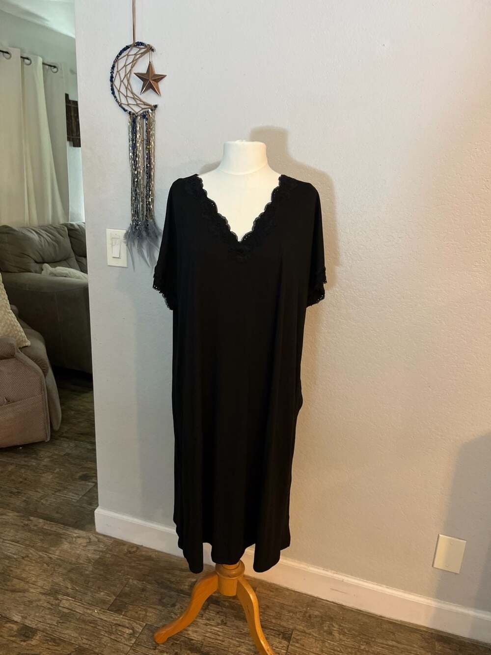 Secret Treasures Black Lace Trim Sleep Dress with Pockets